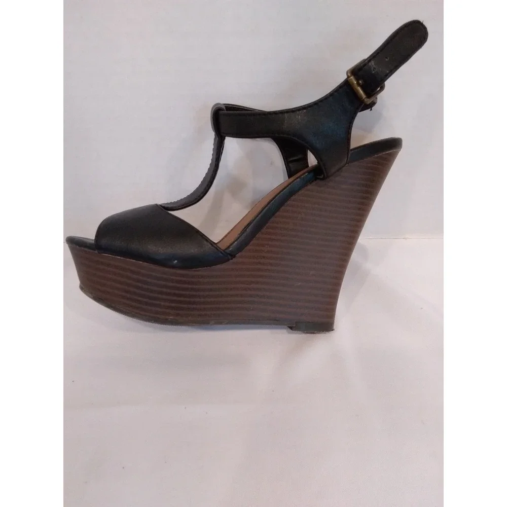 Candies Macao Platform Wedge‎ Sandals Black Peep Toe T Strap Y2K Goth Date Night